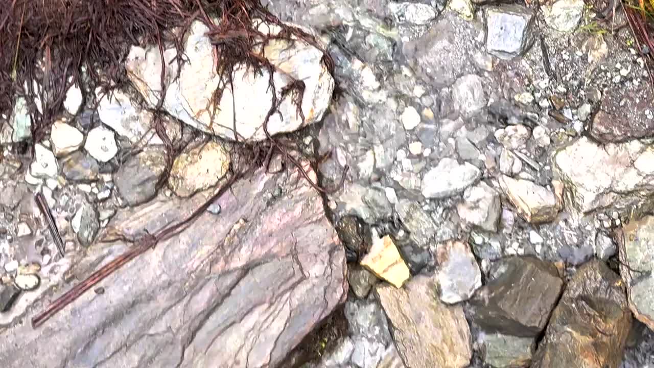 Una prospettiva in prima persona mostra degli scarponi da trekking che percorrono un sentiero di montagna bagnato, roccioso e irregolare
