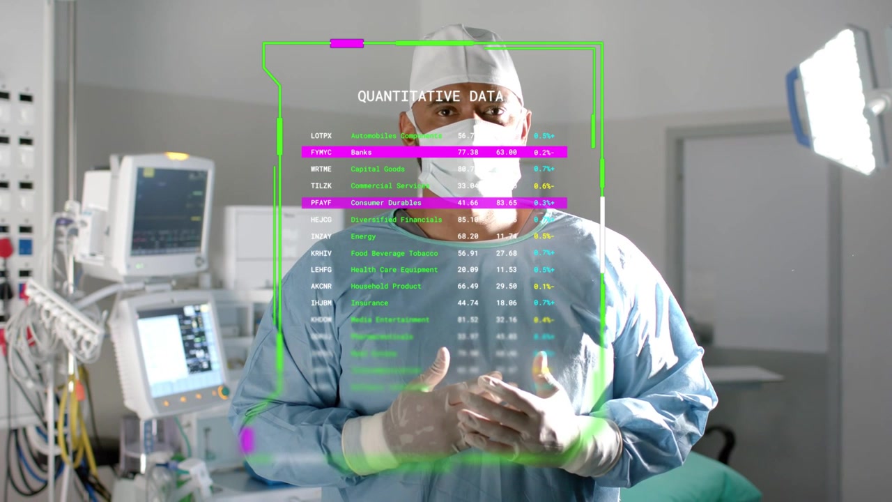 Surgeon showing medical data after AR panel appearing over torso, shifting hands and turning head