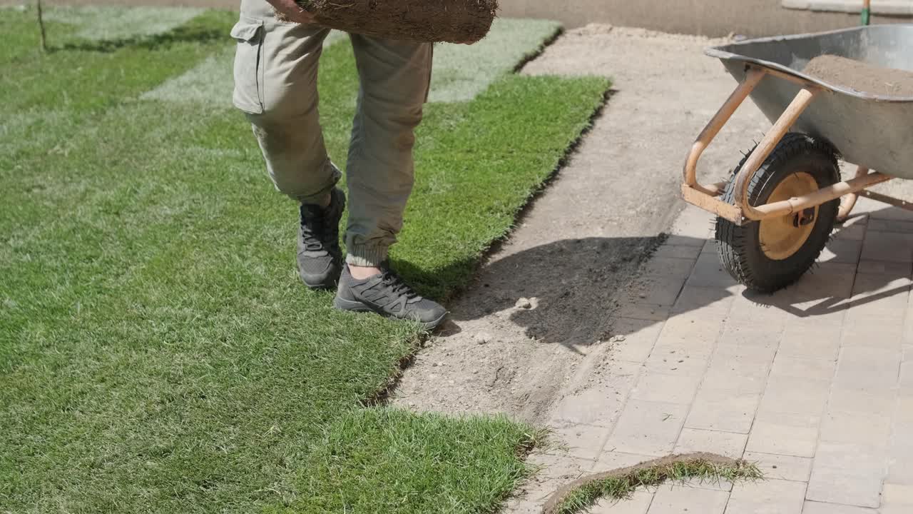 Gardener Laying lawn in Private Yard with Wooden Fence