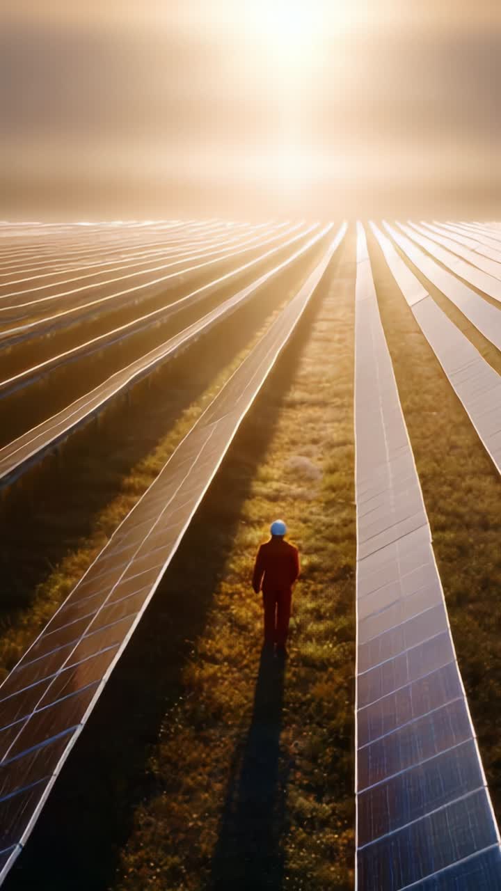 En ensom arbejder overskuer den vidtstrakte solcellepark under en gylden solopgang, der oplyser rækkerne af paneler, som udnytter ren energi til en bæredygtig fremtid