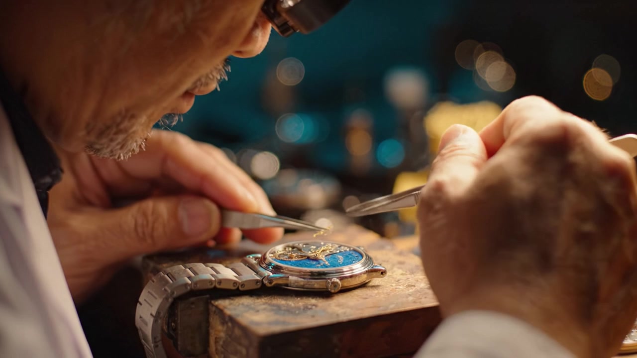Expert Watchmaker at Work: Precision Craftsmanship in Horology, Showcasing Intricate Details and Fine Adjustments of a Luxurious Timepiece Assembly and Repair Process