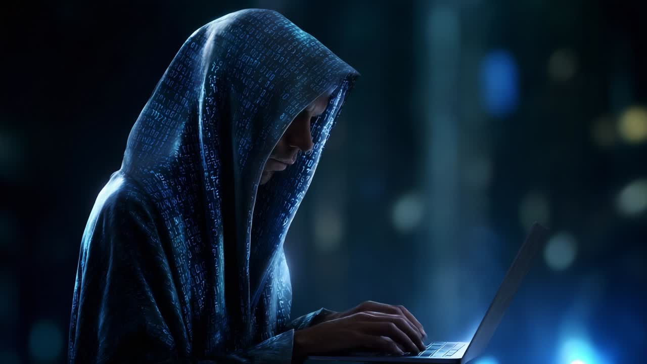 A shadowy figure cloaked in digital mystery sits at a glowing laptop, immersed in the vibrant world of code and technology under a darkened, illuminated setting signifying the intersection of humanity and technology