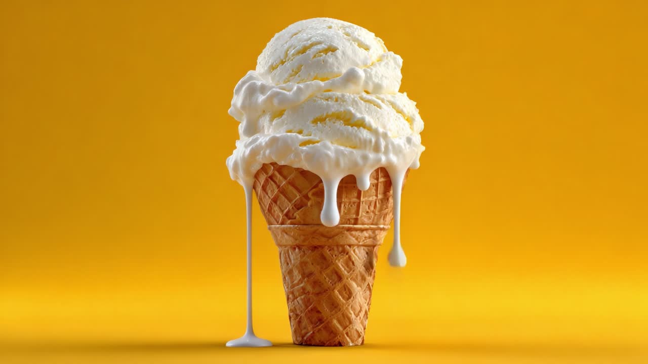 Delizioso cono gelato che si scioglie sotto una luce calda, mettendo in risalto la consistenza cremosa e la dolcezza su uno sfondo giallo vibrante.