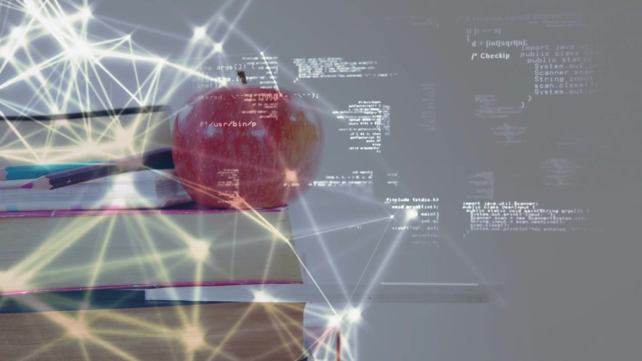 Ausgelöst durch einen Knotenimpuls verschiebt sich ein Bücherstapel mit einem roten Apfel nach rechts, während Netzwerk und Code Daten visualisieren
