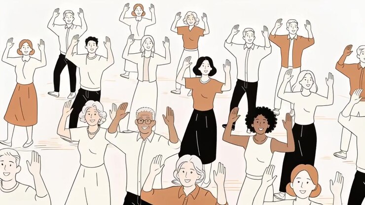 Starting chest clap adults, seniors syncing clapping, raising, stepping in pale area, clothes