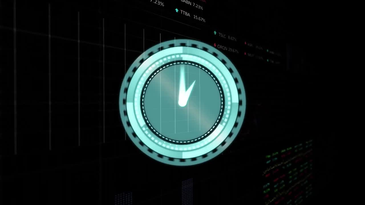 animación del reloj sobre los datos y los gráficos sobre el fondo negro.