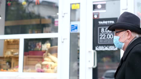 person wearing a face mask in front of a store