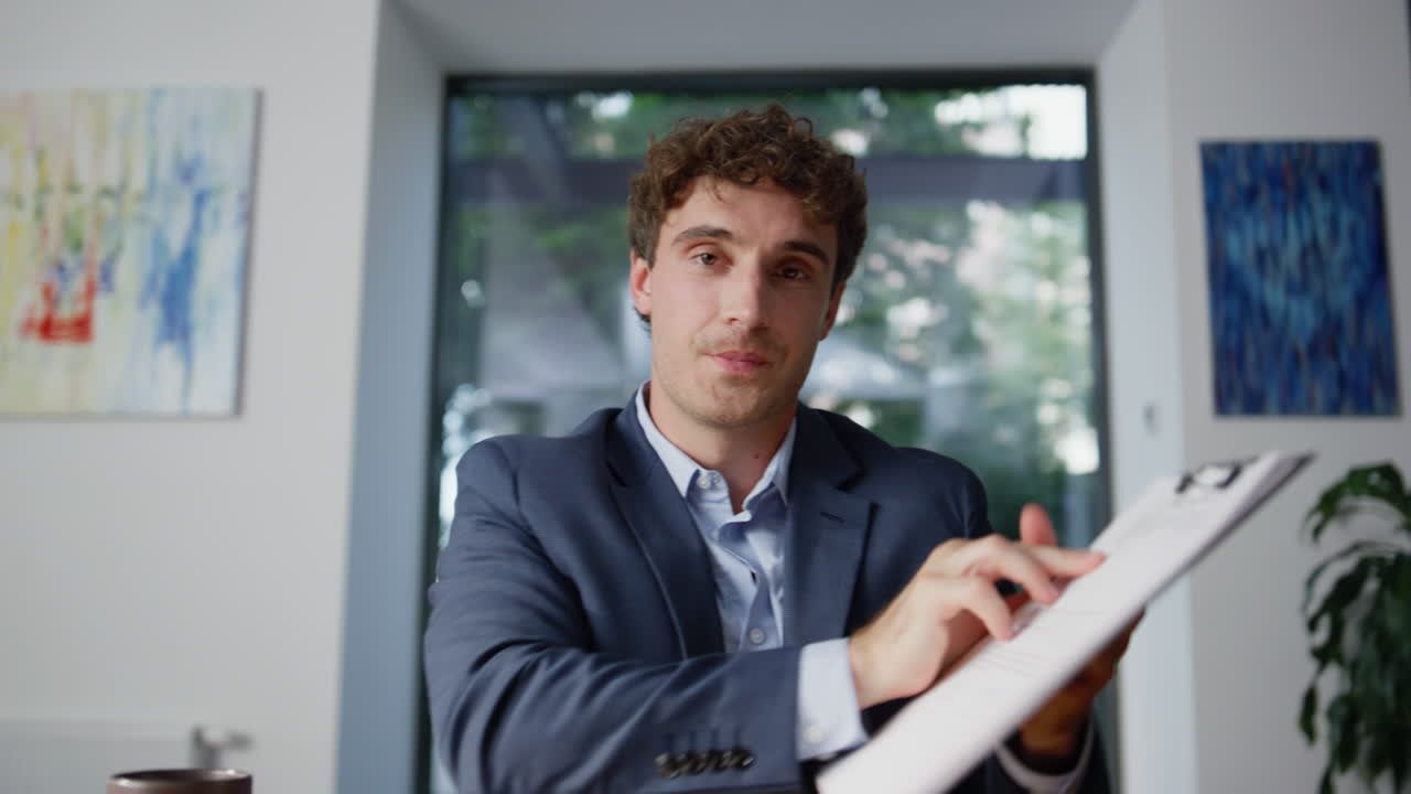 Executive greeting video conference pov view. Closeup manager presenting project