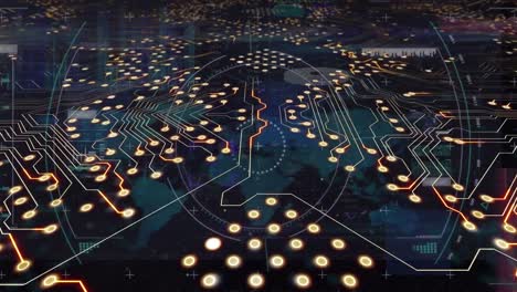 animación de las conexiones de microprocesadores y escaneo de alcance sobre el mapa del mundo y procesamiento de datos