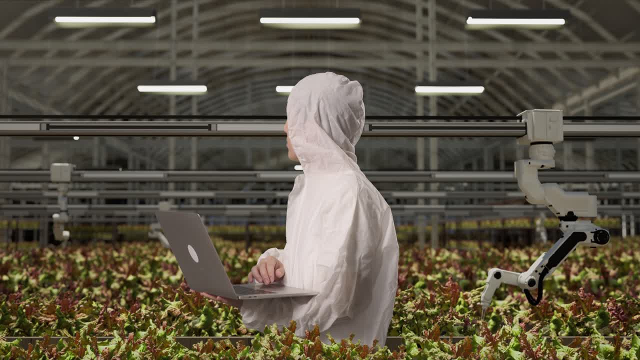 Side View Of Asian Man Researcher Using A Laptop And Looking Around While Standing In The Greenhouse With Smart Robotic Farmers