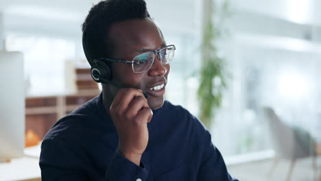 Black-man,-smile-and-communication-in-call-center