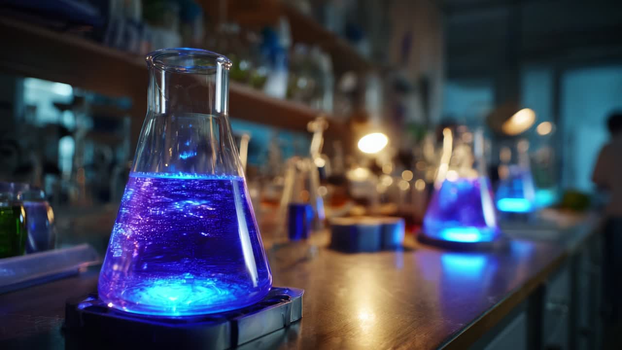 Vibrant Blue Chemical Reaction in Laboratory: A Close View of Beakers Illuminated with LEDs Showcasing the Intriguing World of Chemistry and Experimental Science at Work in a Modern Lab Environment