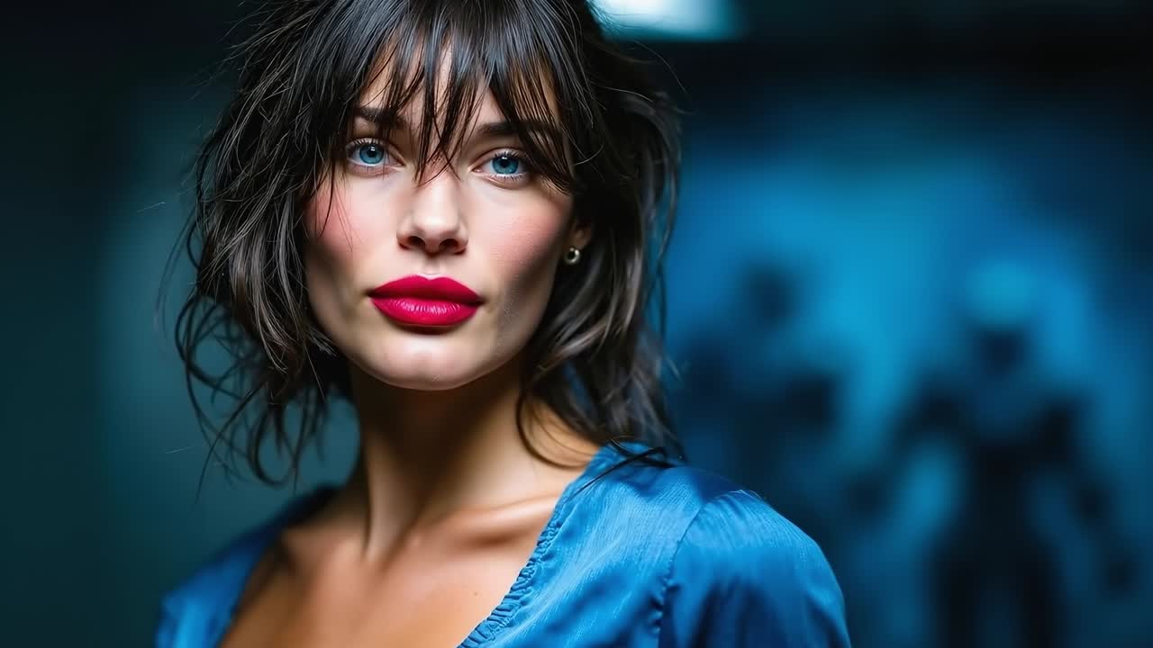 una mujer con cabello oscuro y lápiz labial rojo