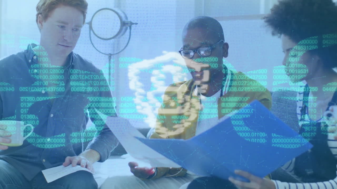 Animation of biometric fingerprint, padlock, data processing over diverse business people in office