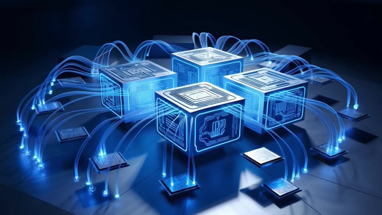 Digital Data Cubes Connecting with Glowing Fiber Optic Lines