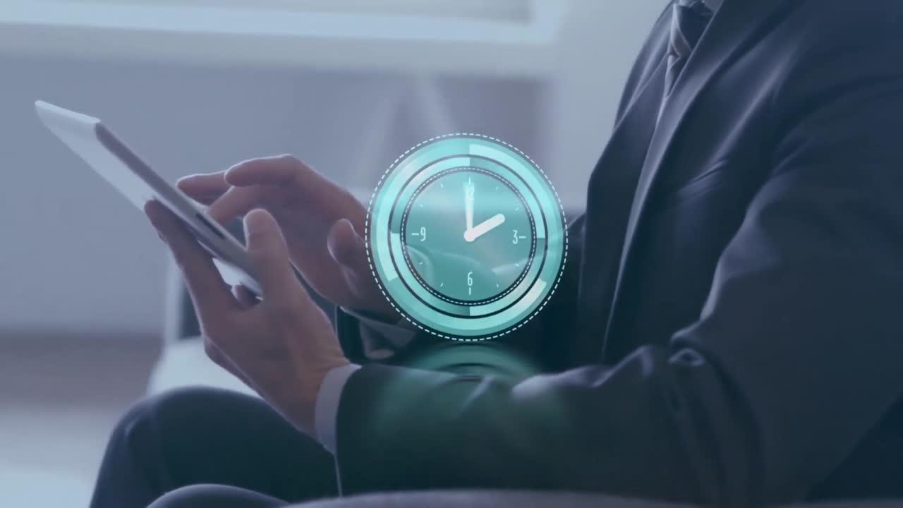 Animation of clock moving over hands of caucasian businessman using tablet