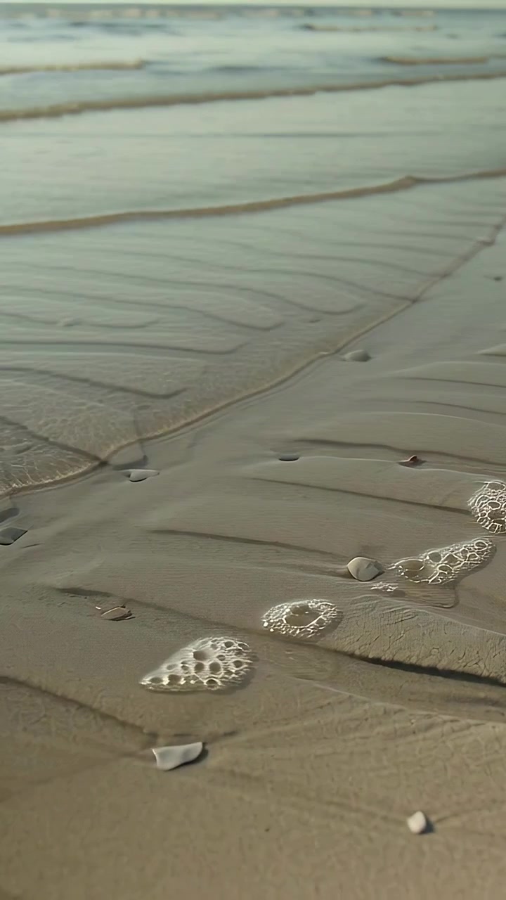 Vertical video: Advancing wavelets pushing foam onto wet rippled sand on shore, shaping ripples
