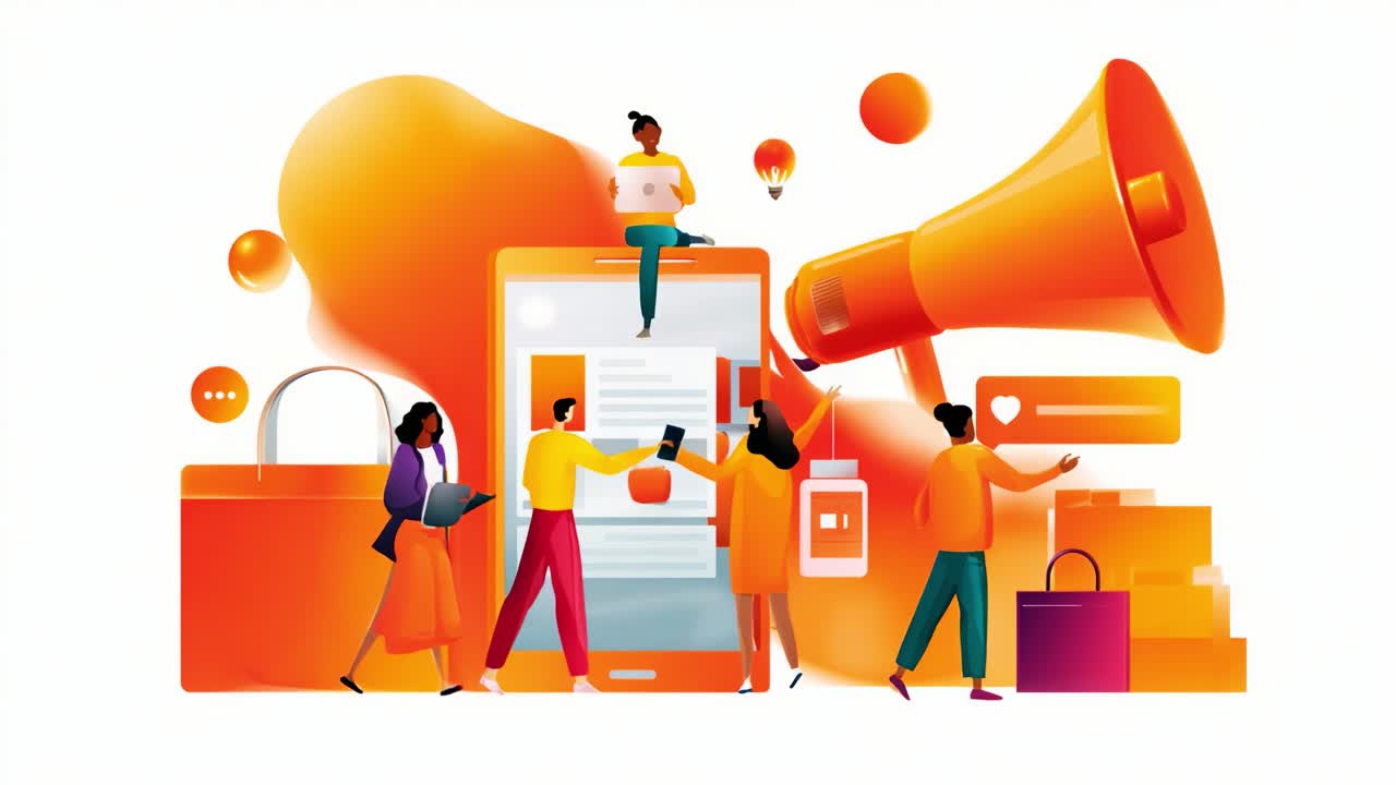 Marketing cyfrowy: dynamiczna interakcja ze smartfonami, mediami społecznościowymi i narzędziami promocyjnymi w kolorowej, nowoczesnej ilustracji
