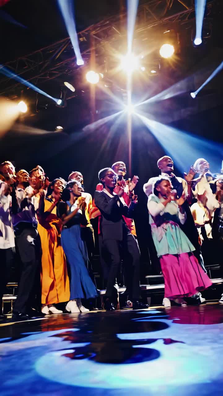 Low-angle video of a diverse choir performing on stage, vibrant costumes, dramatic lighting