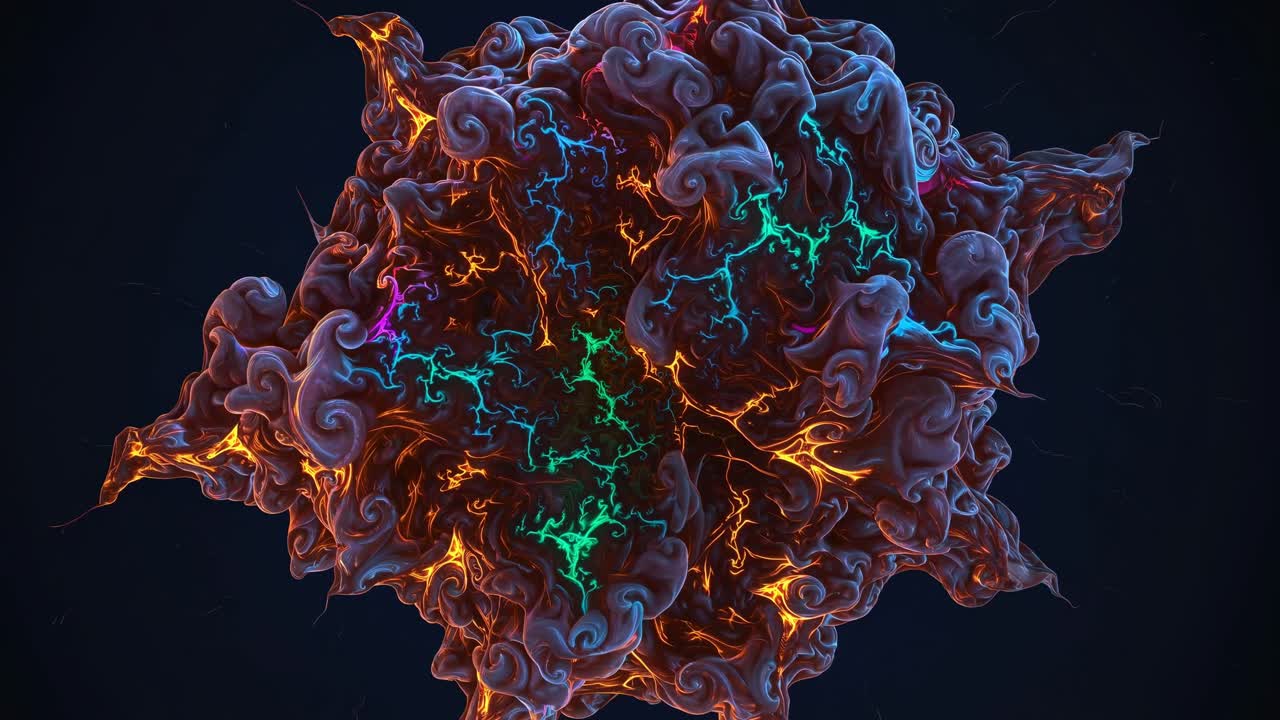 Hypnotic fractal cloud formation swirling with vibrant orange and teal accents against a dark background, creating a mesmerizing abstract visual