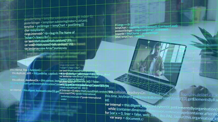 Animation of computer language over diverse coworkers discussing report during video call on laptop