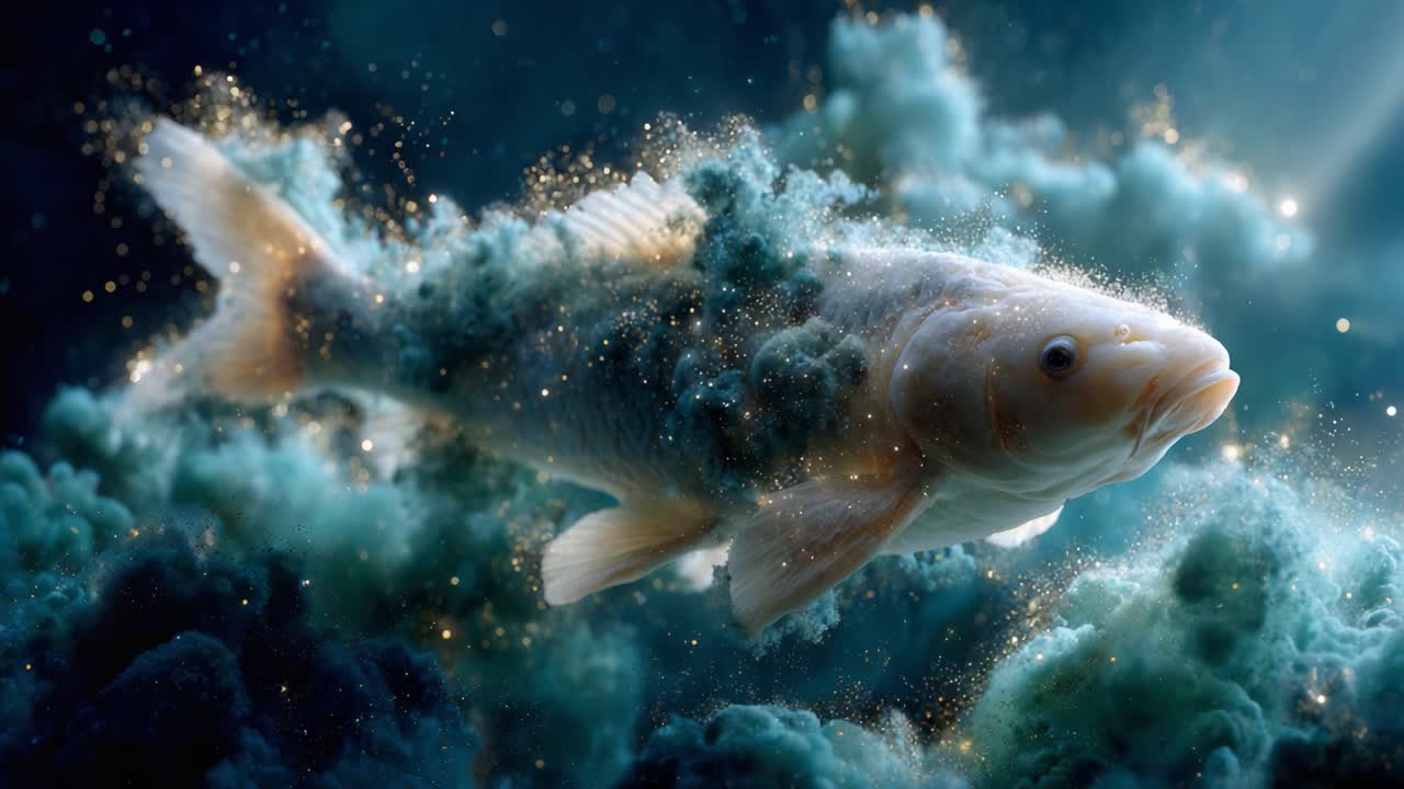 An Enigmatic Fish Gliding Through Ethereal Clouds of Light and Color, Illuminated by Sparkling Particles and Surrounded by Dreamlike Atmosphere
