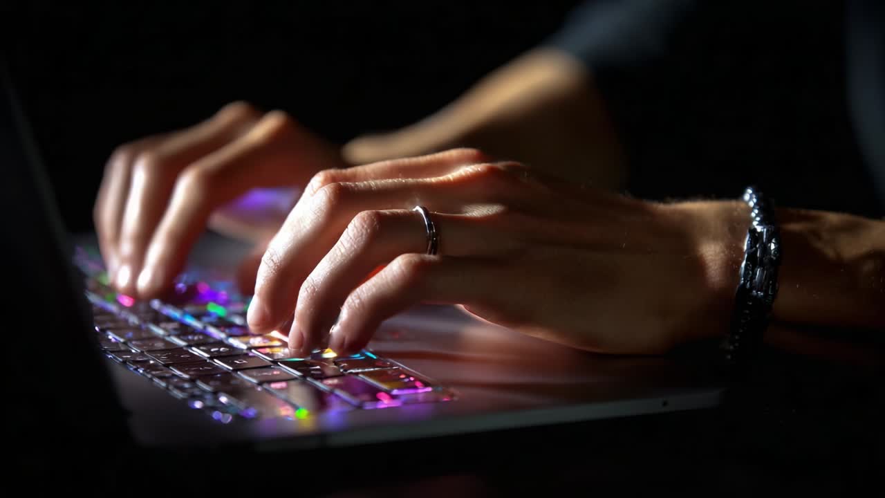 Primo piano di mani che digitano su una tastiera retroilluminata colorata, che cattura l'attenzione e la creatività intense del lavoro digitale, illuminando l'oscurità circostante con luci vivaci e movimenti espressivi