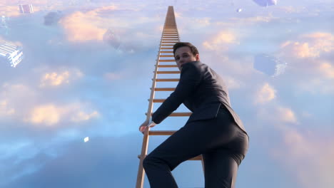 man climbing a ladder to the sky, symbolizing aspiration and success