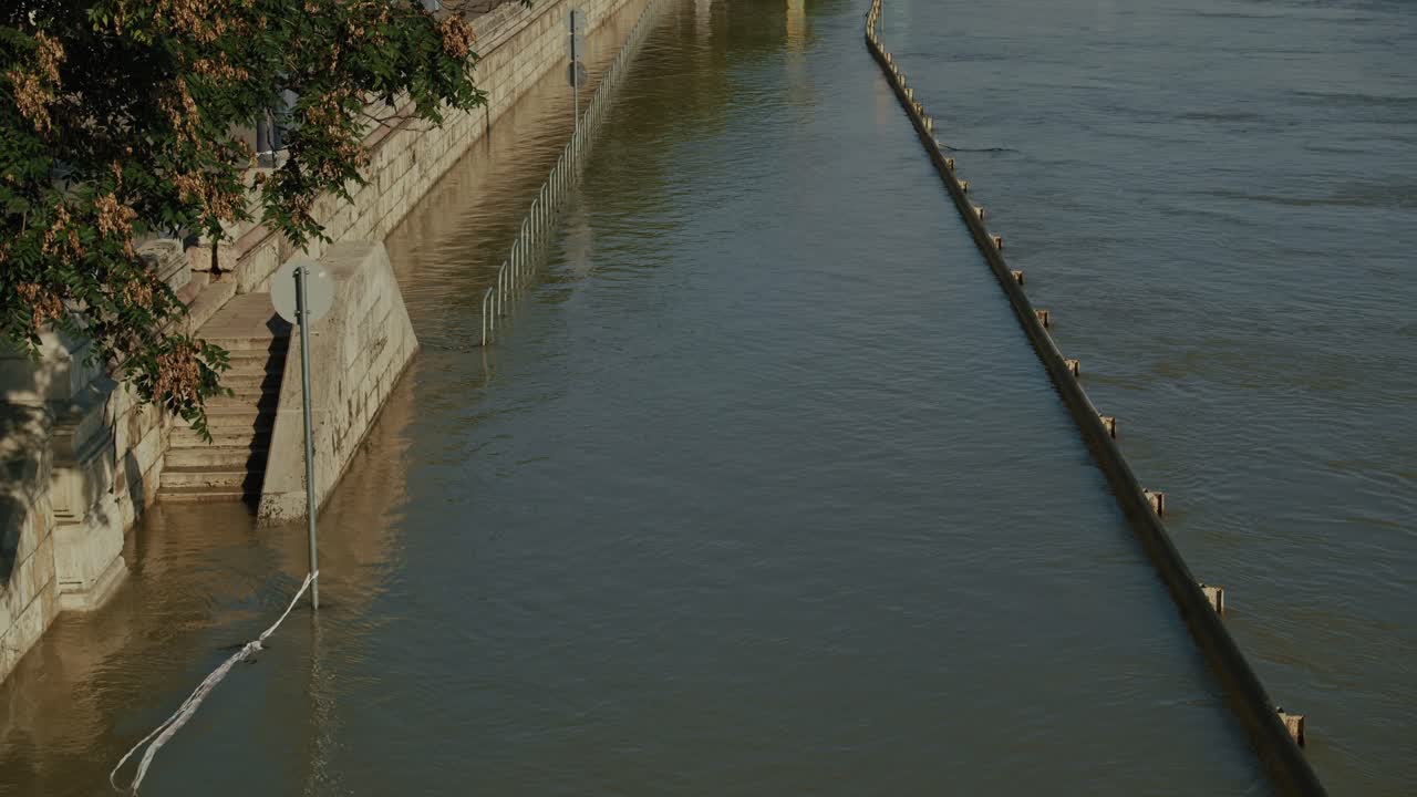 Submerged riverside steps and walkway along the Danube, partially flooded during Budapest Flood 2024