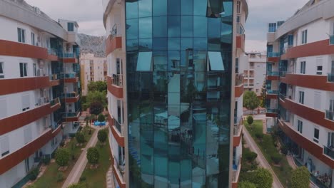 modern apartment buildings with pool and garden