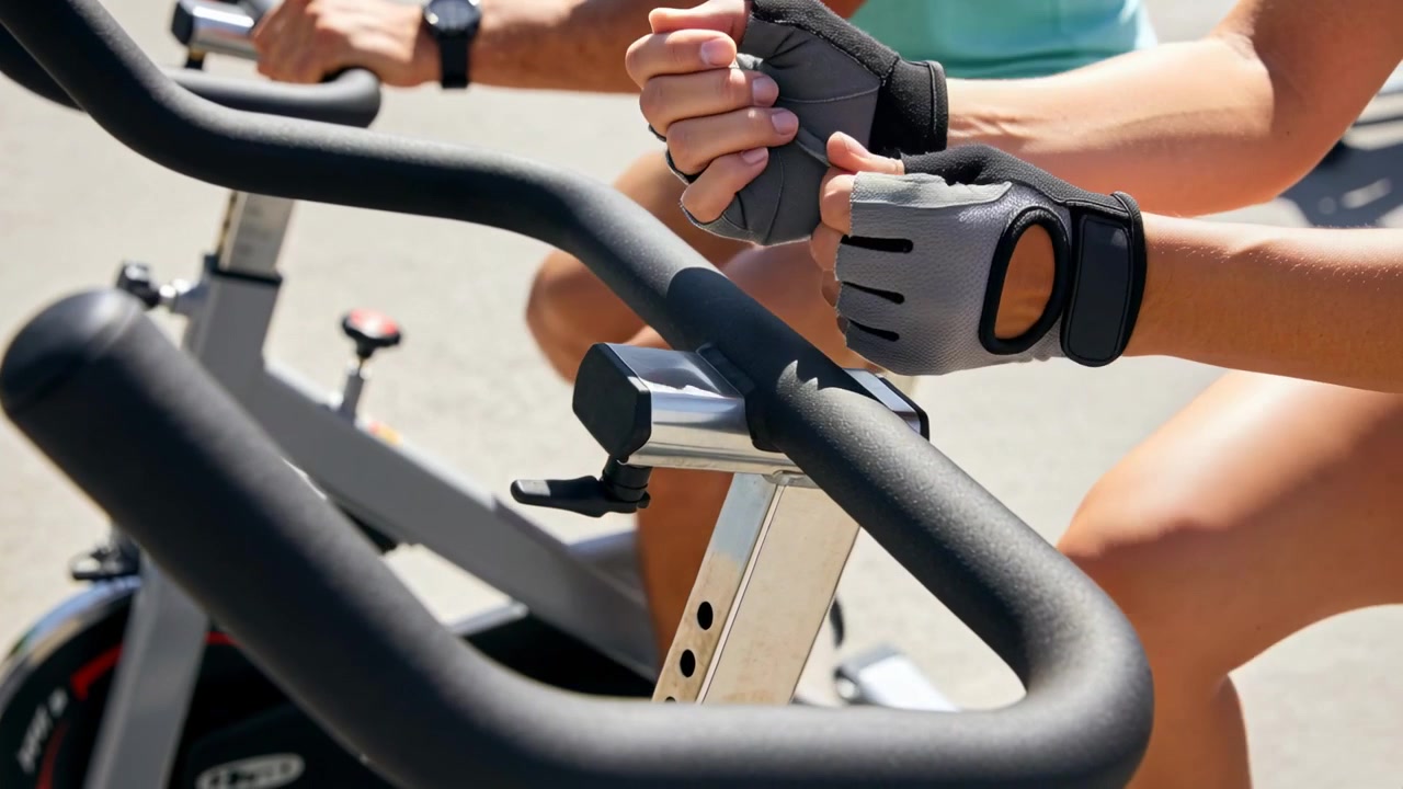 Inizio allenamento, il ciclista più vicino afferra e regola il manubrio durante una lezione all'aperto, indossando guanti grigi.