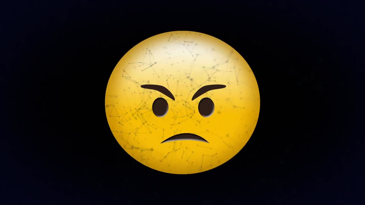 Digital animation af netværk af forbindelser over emoji med vredt ansigt mod sort baggrund