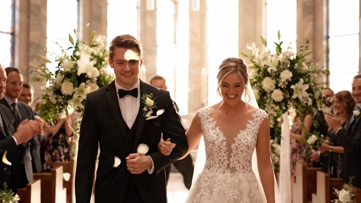 A Beautiful Wedding Ceremony Setting: The Bride and Groom Exchange Vows and Celebrate their New Journey Together in a Stunning Venue Surrounded by Loved Ones