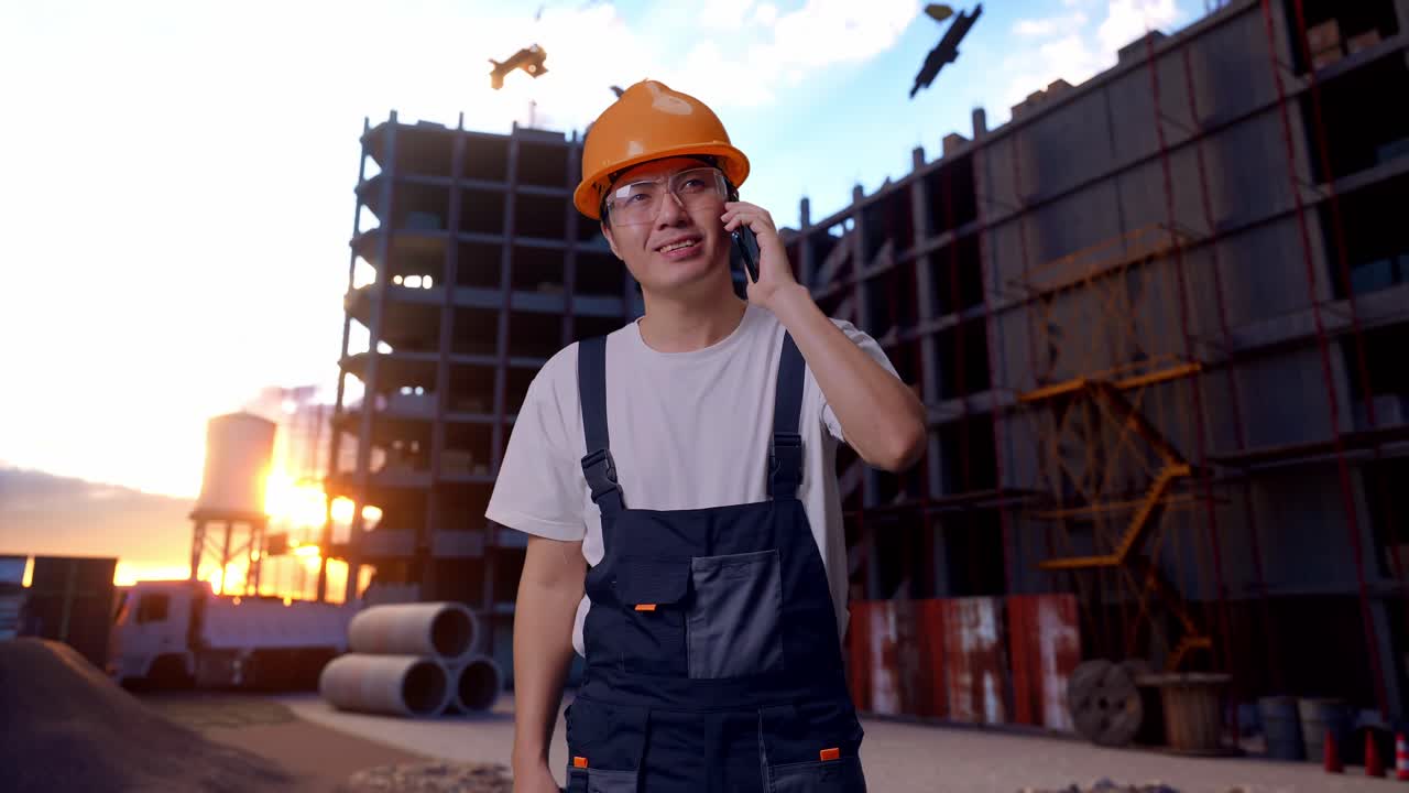 un trabajador asiático hablando en su teléfono inteligente y mirando a su alrededor en el sitio de construcción
