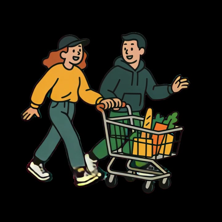 Animated Couple Walking Together and Pushing a Shopping Cart