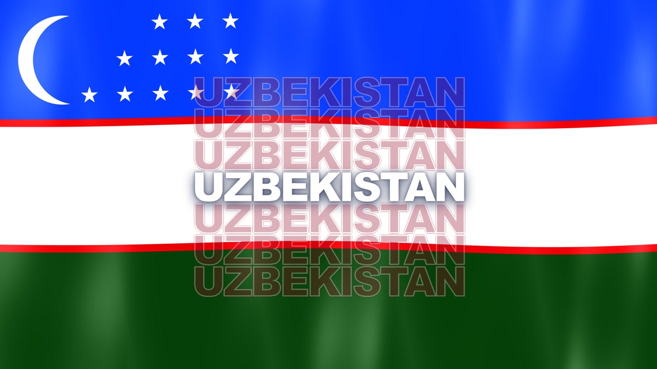 Modro-bílo-zelená horizontálně pruhovaná vlajka Uzbekistánu s bílým půlměsícem, hvězdami a textem