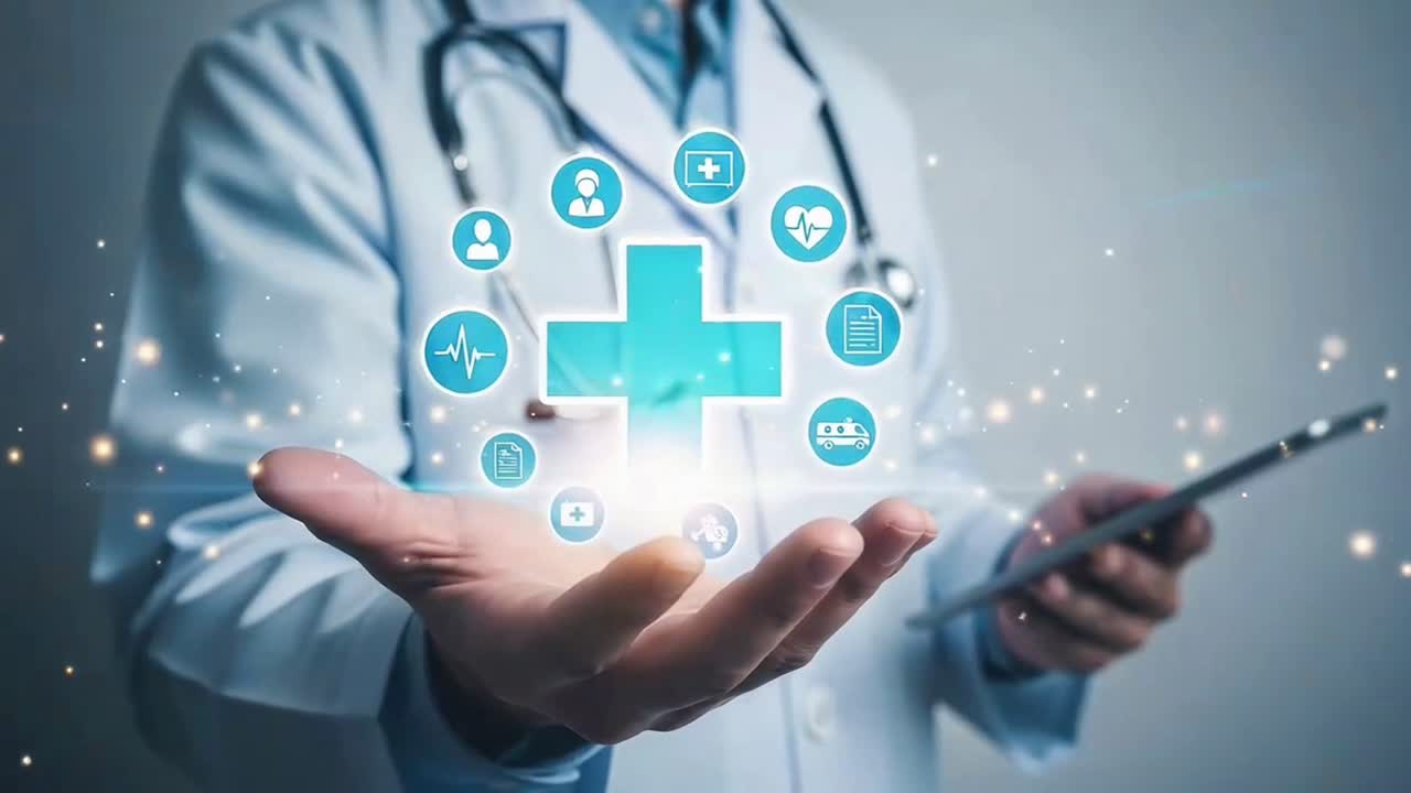 Doctor Holding a Virtual Medical Cross with Healthcare Service Icons