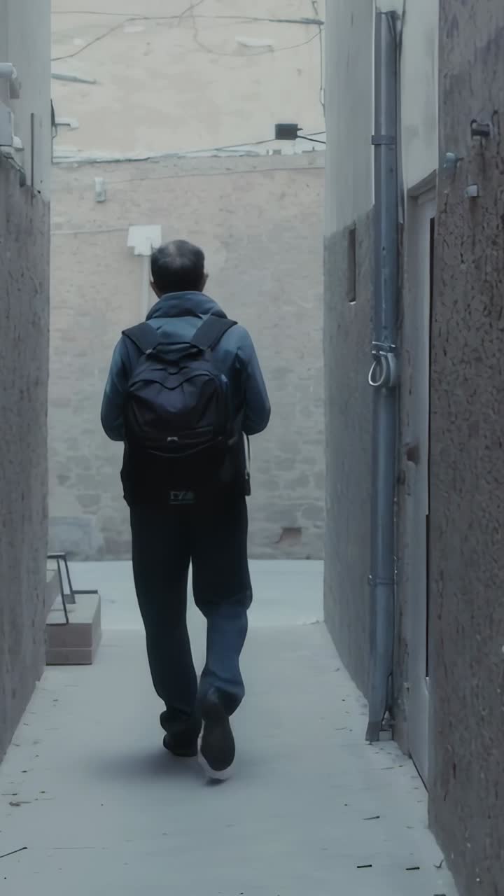 Video verticale: Uomo che cammina con zaino nero che percorre un vicolo, attratto da un'apertura luminosa, con un tubo.