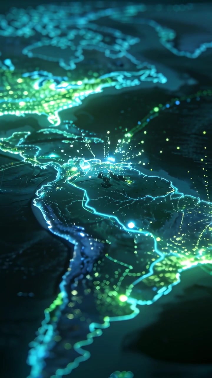 Vertical video: Tilting camera bringing map of Americas into focus in dark space, nodes pulsing