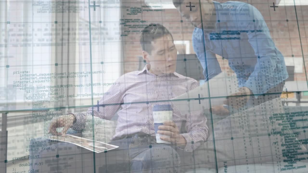 Standing colleague entering and offering business documents while seated pro reviewing details