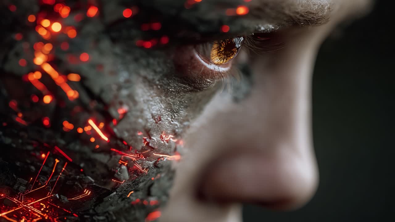 A detailed close-up of a person's eye, revealing a dramatic blend of organic and metallic textures, with glowing lava-like elements accentuating the deep expression of the subject