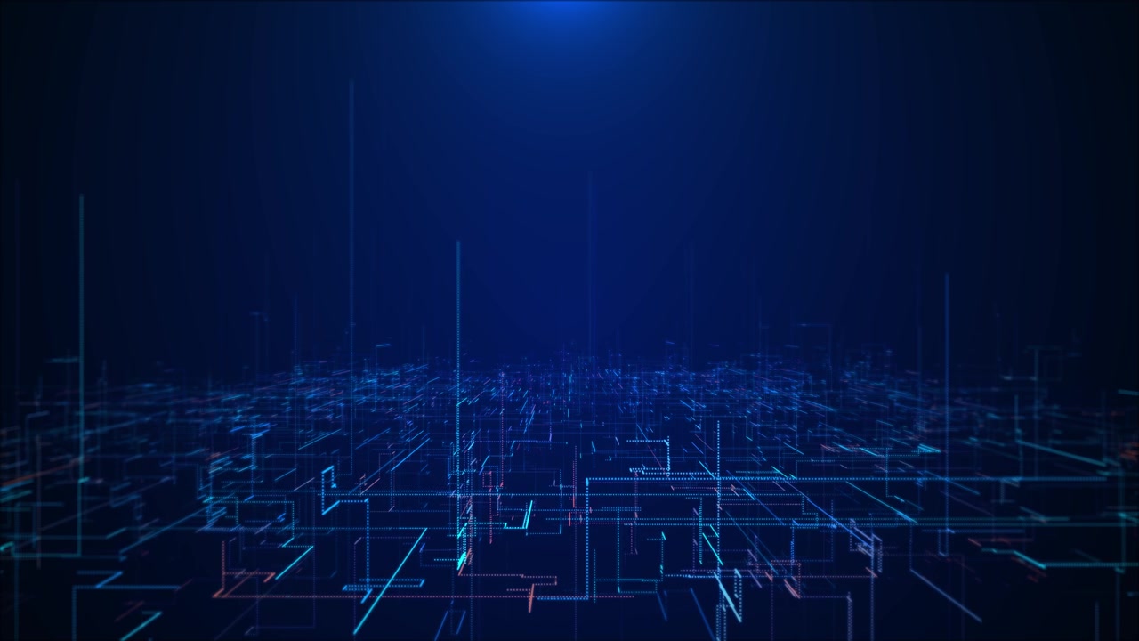 Griglia di città digitale futuristica blu, linee luminose, torri, percorsi di circuito, prospettiva tecnologica scura, smart.