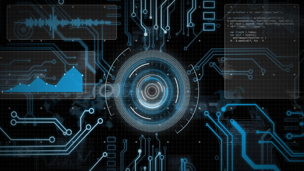 Animation of motherboard and circular scanner processing data on interface with black background
