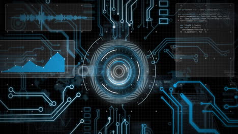 animation of motherboard and circular scanner processing data on interface with black background