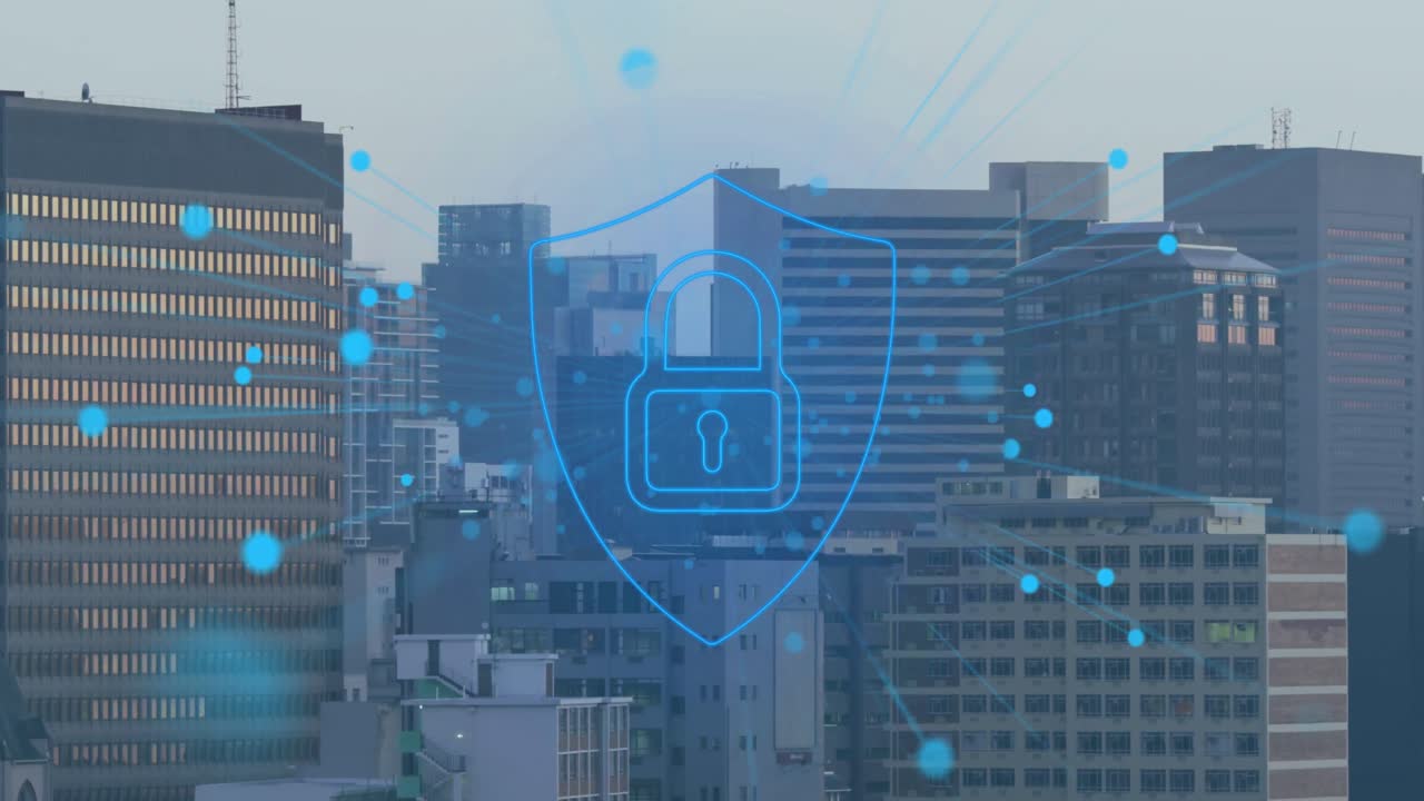 Animazione di rete di connessioni con icona di lucchetto su paesaggio urbano.