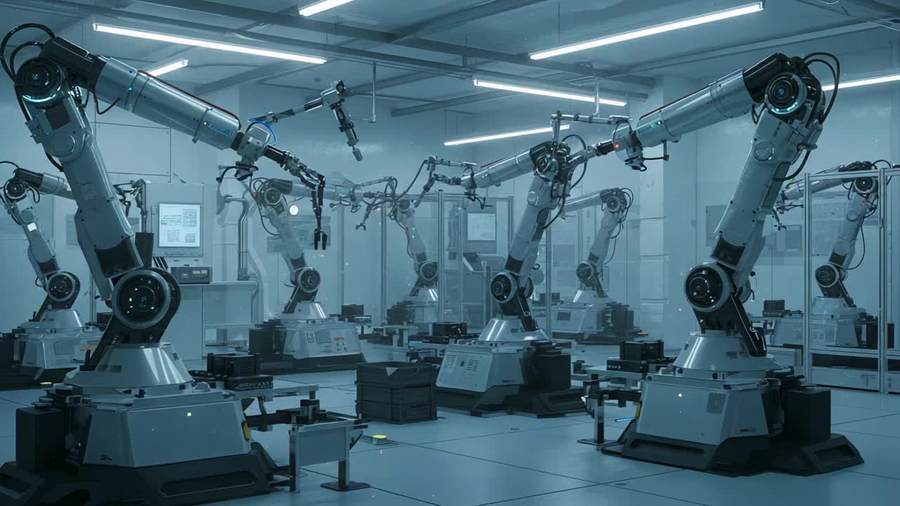 A Hi-Tech Robotic Assembly Line Showcasing Advanced Automation in a Futuristic Industrial Environment with Multiple Robotic Arms and High Efficiency