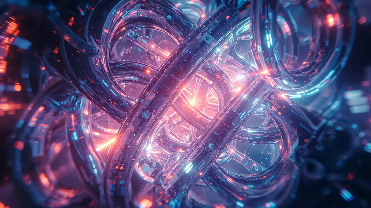 Sequence starting camera gliding through metal tubes to neon pink core with drifting blue particles