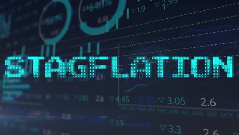 animación del texto de la estanflación en azul sobre gráficos y gráficos de procesamiento de datos