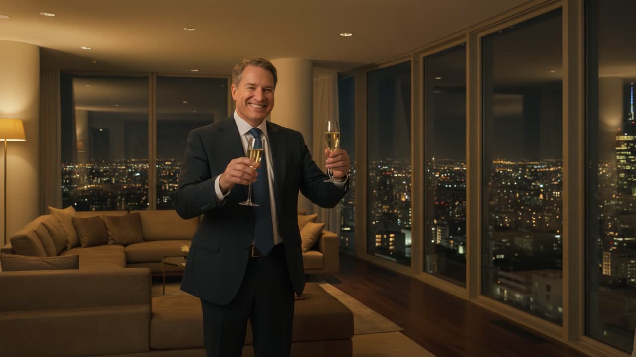 Joyful Celebration in a Luxurious Skyline Suite: A Man with Two Champagne Glasses Cheers in Style, Embracing the Vibrant Night Views of the City.