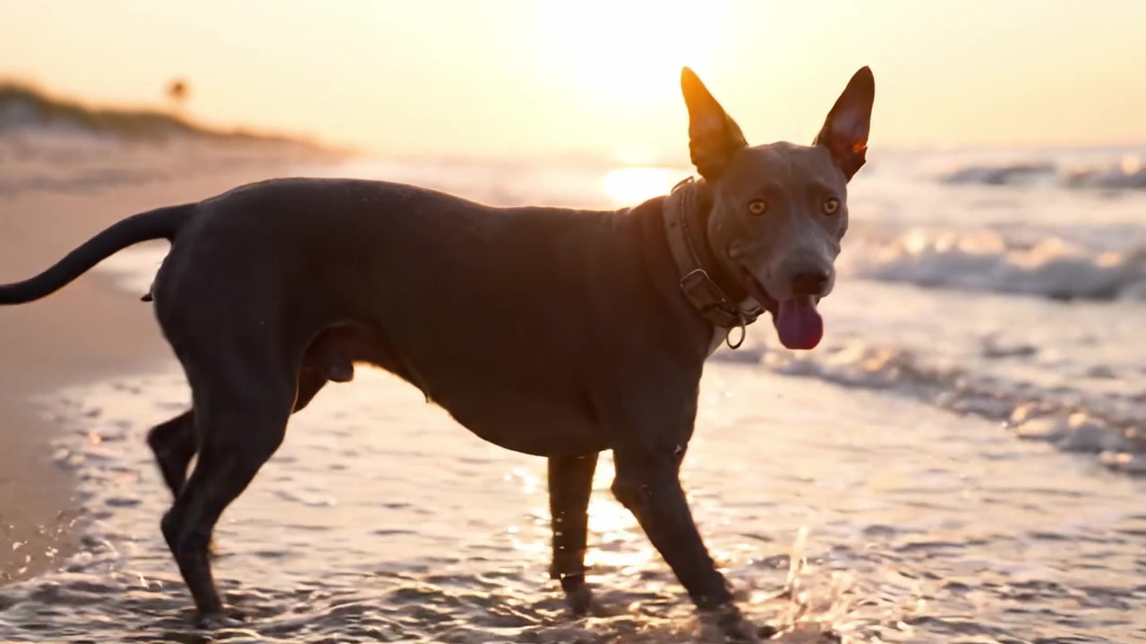 Un cane grigio giocoso che si gode un bellissimo tramonto sulla spiaggia, correndo tra le onde e abbracciando le gioie della natura e della libertà.